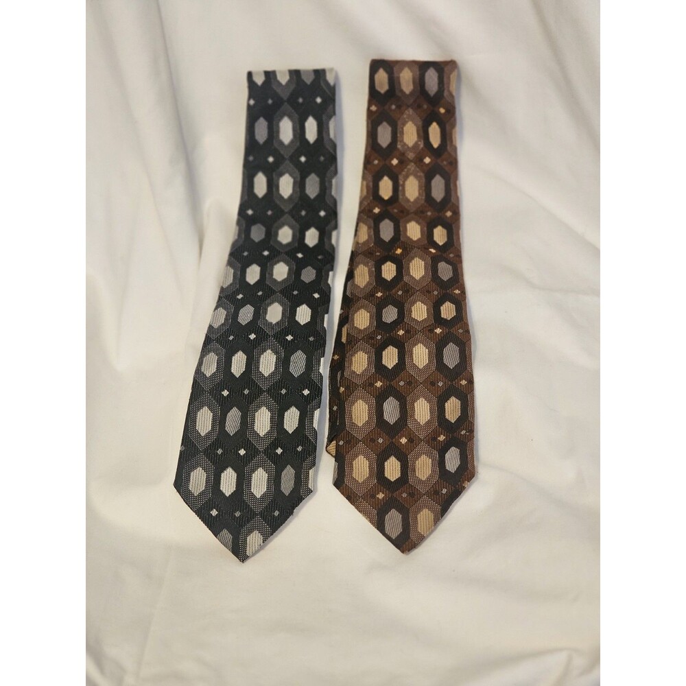 Vintage Pair Of Neckties Geometric Honeycomb Pattern Brown Black Polyester